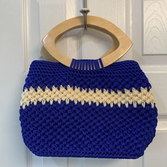 Handmade blue crochet satchel purse - Picture 2 of 7